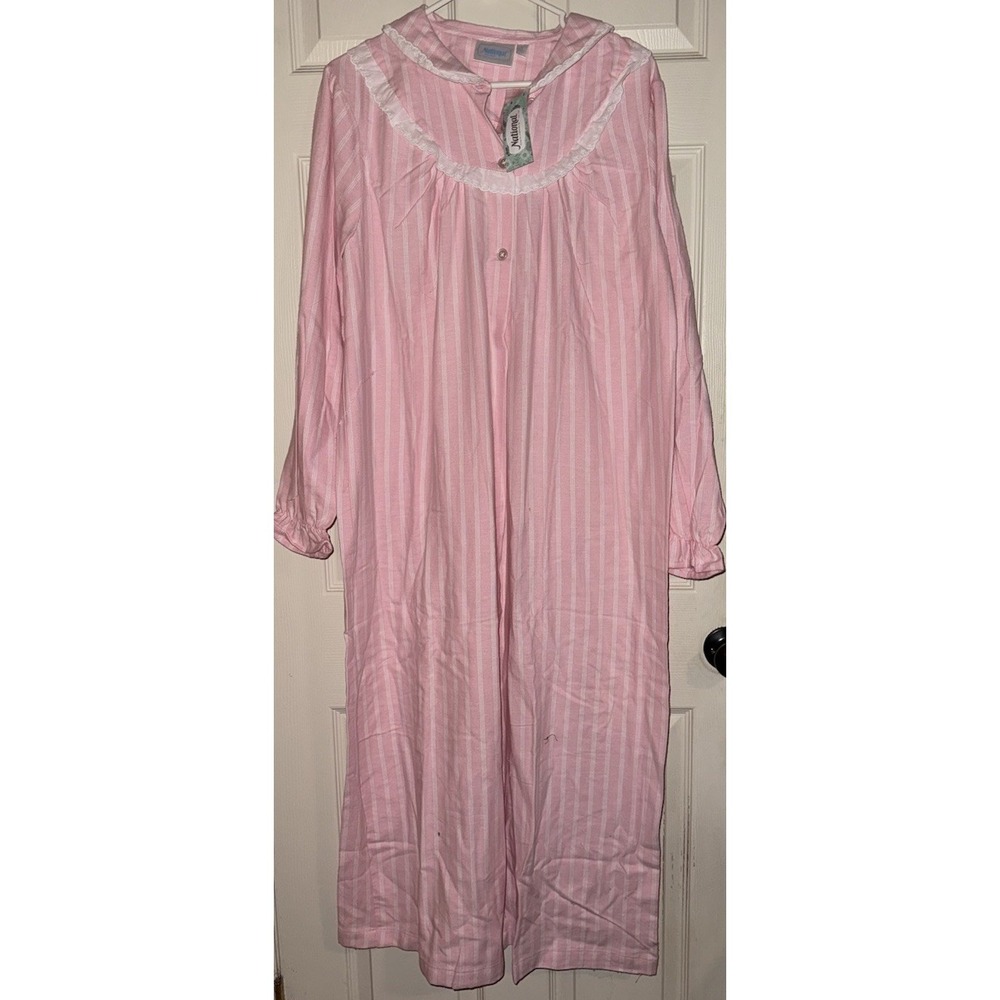 National Women's Cotton‎ Flannel Pink Striped Nightgown  Large , Grannycore Lace